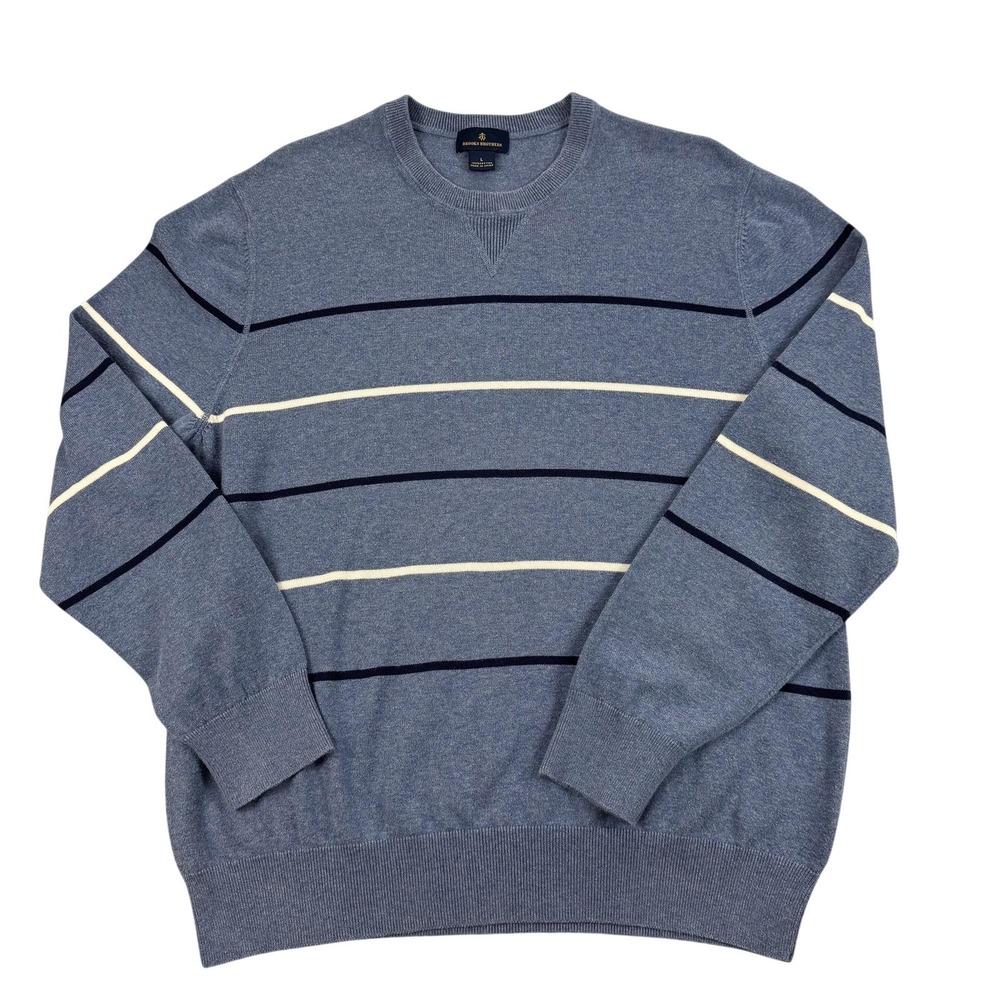Brooks Brothers Sweater Mens Large Blue 100% Cotton Stripe‎ Crewneck Pullover